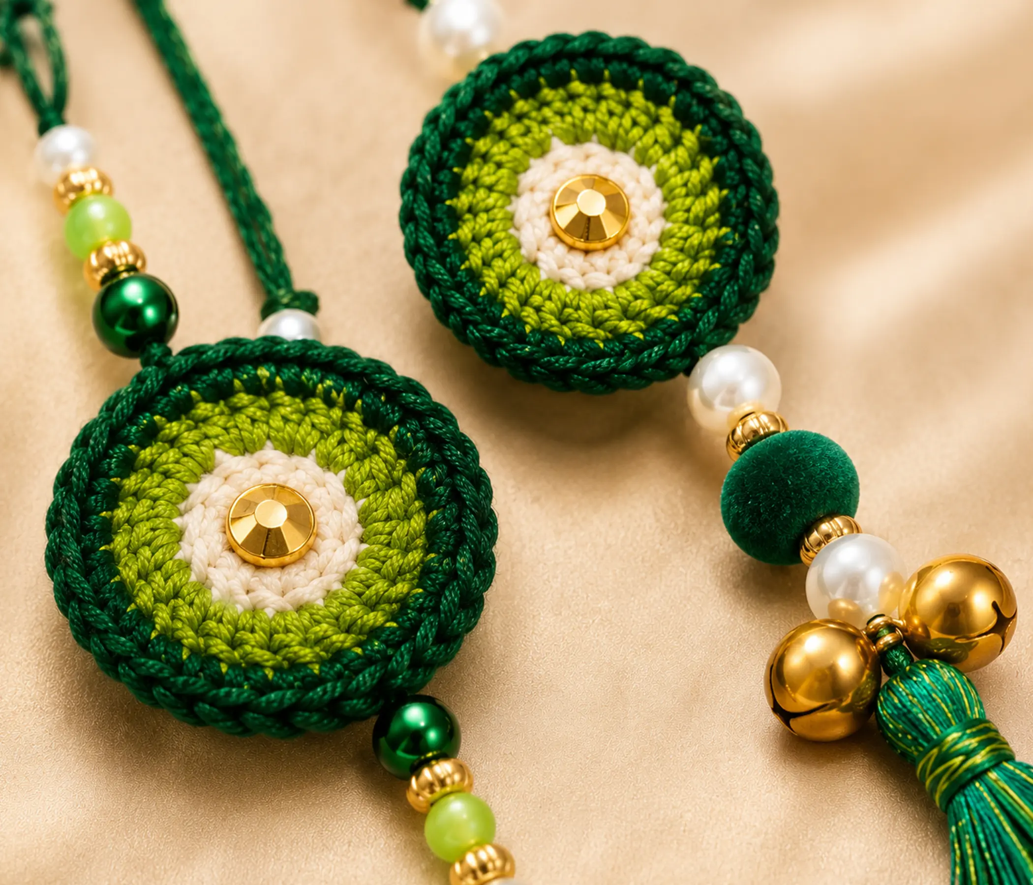 Handmade Concentric Green Crochet Bhai Bhabhi Rakhi Set for Raksha Bandhan